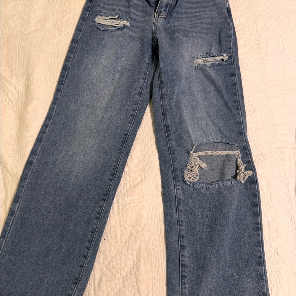 SHEIN Blue Distressed Straight Leg Jeans